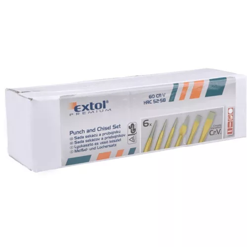 lyukasztó, pontozó és véső klt. 6db CrV. HRC 52-58 ; 1db pontozó, 2 db lyukasztó, 3 db véső, hossz.:120-150mm