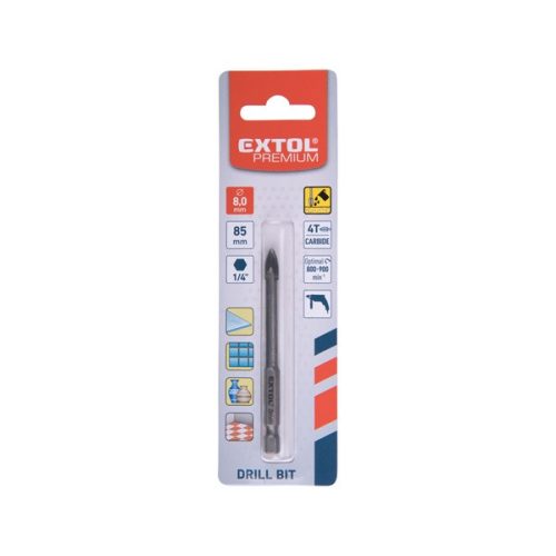 fúró üvegre, kerámiára és csempére,  4 élü, keményfém lapkás; 8×85mm, 1/4" hatszög befogás