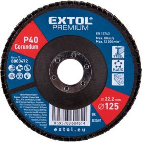   lamellás csiszoló acél, Alu, műa. és fa munkadarabok csiszolására, 125×22mm; P40, kúpos, max.:12.300 ford./perc, EN13743