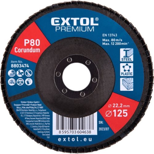 lamellás csiszoló acél, Alu, műa. és fa munkadarabok csiszolására, 125×22mm; P80, kúpos, max.:12.300 ford./perc, EN13743