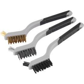   drótkefe klt., 3 db: nylon-, réz- és rozsdamentes acél szál, 3×8 sor, 180mm, kétkomponensű TPR+PP puha műanyag nyél