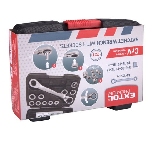 racsnis csillagkulcs klt. 11db; cserélhető betétekkel: 8-19mm CrV. 72 foggal, 2 irányú forgás