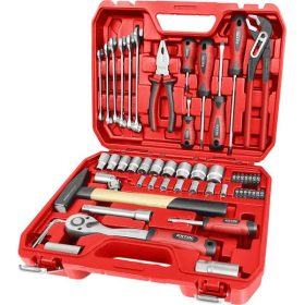   szerszám és dugókulcs klt., 55 db; 1/2" racsnis hajtókar (45 fog), dugófejek, BIT-ek, csavarhúzók, csillag-villás kulcs.