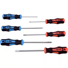   csavarhúzó klt., 6db; lapos:3×75, 5,5×100 és 6,5×125mm, PH0×60, PH1×100 és PH2×125, CV., mágneses, papír tartóban