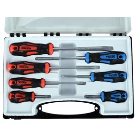   csavarhúzó klt., 7db; lapos: 5,5×38, 5,5×100, 6,5×125mm és 8×150mm, PH1×75, PH2×38 és PH2×125, CV. mágneses, műanyag tar