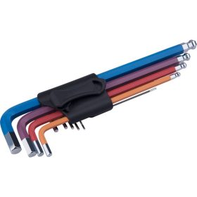   imbuszkulcs klt., 9db, HEX, több színű, extra hosszú, gömbfej, H 1,5-10mm, S2, krómozott