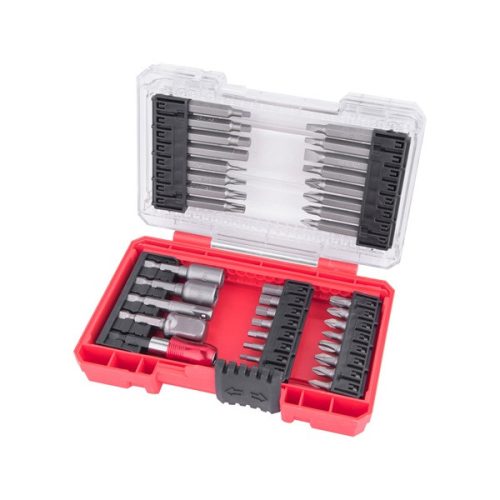 behajtó klt. 37 db Cr.V., lapos, PH, PZ, HEX, TTa, SQ, dugófej, bittartó szár,  műanyag tartóban