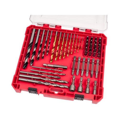 behajtó és fúró klt. 50 db Cr.V., lapos, PH, PZ, HEX, T és TTa illetve fa-, fém- és betonfúrók, műanyag tartóban