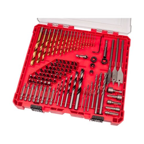 behajtó és fúró klt. 100 db Cr.V., lapos, PH, PZ, HEX, T és TTa illetve fa-, fém- és betonfúrók, műanyag tartóban