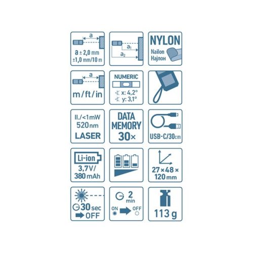 távolságmérő, digitális zöld lézeres; beépített akkuval, mérési tartomány: 0,05-70m, pontosság: +/-2,0mm