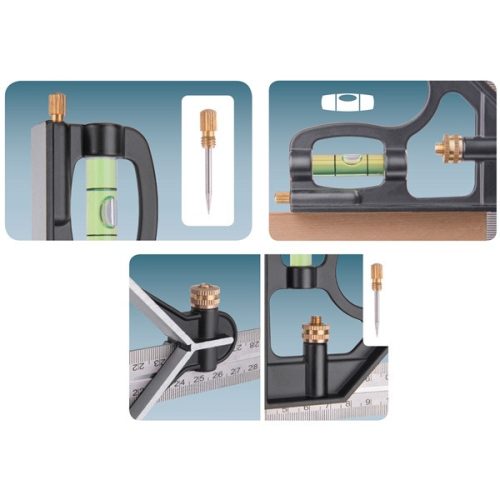 asztalos kombinált derékszög/vízmérték/vonalzó, többfunkciós, 300 mm, ALU/Inox, mm beosztás, 0°-45°-90° beosztás