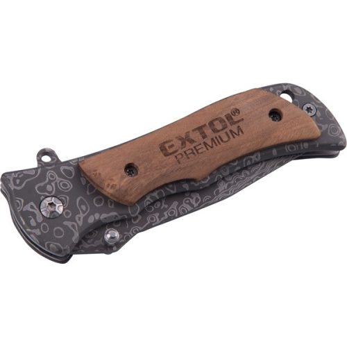 zsebkés (bicska), rozsdamentes acél penge damaszk mintával, fa betétes nyél, teljes/összecsukott hossz.:160/90 mm