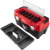 szerszámosláda, műanyag 547×271×278mm, fémcsatos, tálcával, lakatolható