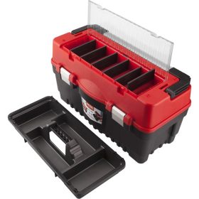   szerszámosláda, műanyag 595×289×328mm, fémcsatos, tálcával, lakatolható