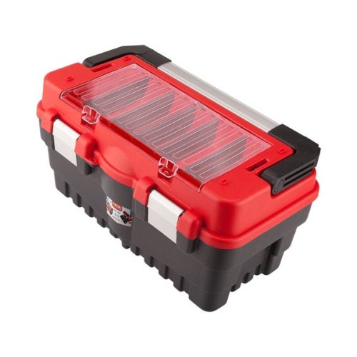 szerszámosláda, műanyag 595×289×328mm, fémcsatos, tálcával, lakatolható