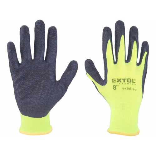 kötött kesztyű nylon, varrat nélküli, méret  8' latexbe mártott teny. és ujjhegy, gumírozott mandzsetta