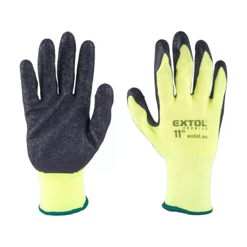 kötött kesztyű nylon, varrat nélküli, méret  11' latexbe mártott teny. és ujjhegy, gumírozott mandzsetta