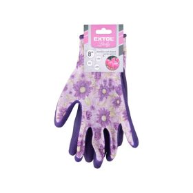   kerti kesztyű, virágmintás, poliészter, méret: 8' latexbe mártott teny. és ujjhegy., gumírozott mandzsetta, Extol Lady