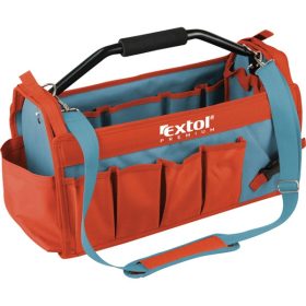   szerszámtáska, acélcső vázas, 49×23×28cm, 31 zseb, nylon, állítható, párnázott hordpánt+merev acél fogantyú