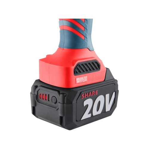 akkus sarokcsiszológép, Share20V, 125mm, szénkefe nélküli, 20V, Li-ion, 1db akku, 1db töltő, 4000 mAh