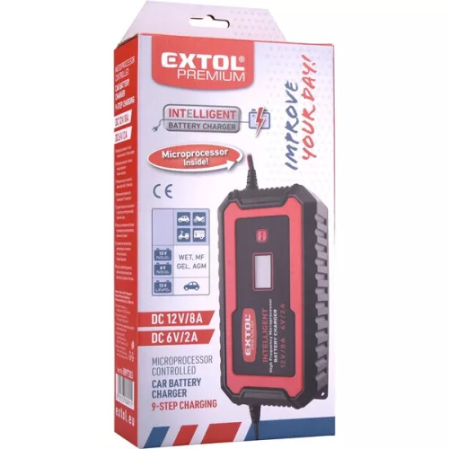 akkutöltő, autós, mikroprocesszoros, intelligens, 8 Amp, 4-160Ah, DC 12V/6V