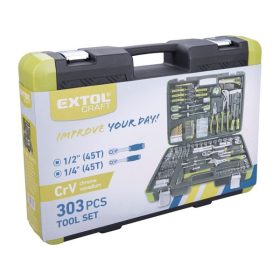   szerszámkészlet, CV., racsnis 45fog ; 1/4" és 1/2", 303 db, műanyag koffer
