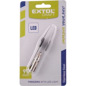   csipesz LED fénnyel, rozsdamentes acél, hossz: 95mm, pofák szélessége: 4mm, 3×1,5V elemmel (LR71)