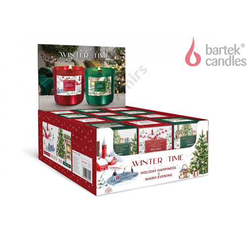 GYERTYA ILLATOS "WINTER TIME" 150 GR. 2 FÉLE SZÓJAVISZ,FAKANÓC 30 ÓRA