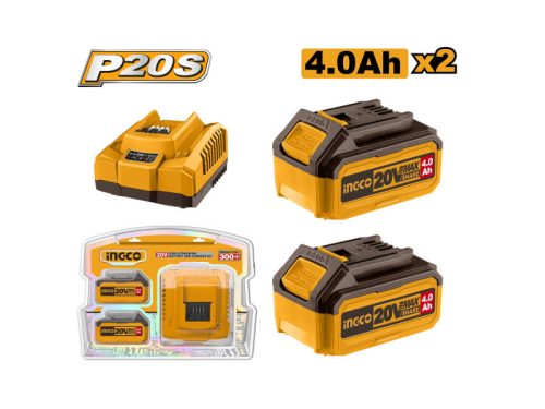 INGCO Akkumulátor és töltő szett 20 V (2 x 4,0 Ah akku + 4,0 A töltő)