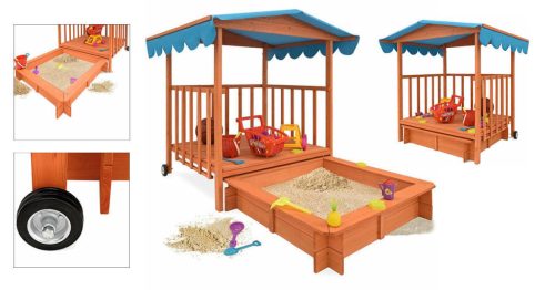 Fa játszóház homokozóval és árnyékoló tetővel