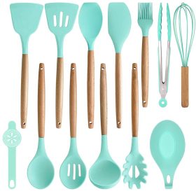   14 darabos konyhai eszközkészlet, hőálló szilikon fejjel, tartóval, türkiz