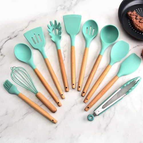 14 darabos konyhai eszközkészlet, hőálló szilikon fejjel, tartóval, türkiz