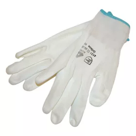   Kötött kesztyű fehér nylon, L-es méret,  9' poliuretánba mártott teny. és ujjhegy., gumírozott mandzsetta