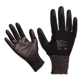   Kötött kesztyű fekete nylon, L-es méret 9',  poliuretánba mártott teny. és ujjhegy., gumírozott mandzset