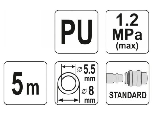 YATO Pneumatikus tömlő (spirál) gyorscsatlakozóval 5,5 x 8 mm x 5 m