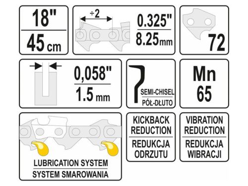 YATO Láncfűrész lánc 18" 0,325" 1,5 mm 72 szem