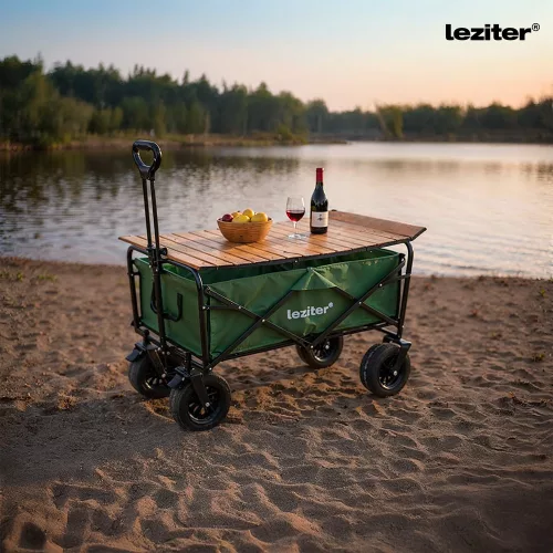 Összecsukható prémium kerti strandkocsi asztallal zöld