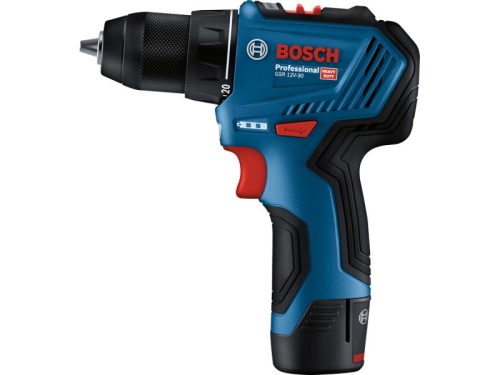 BOSCH Akkus fúrócsavarozó GSR 12V-30 táskában + tartozék készletek (2 x 2,0 Ah akku + gyorstöltő)