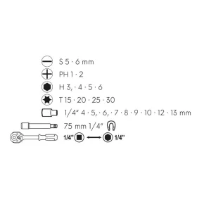   Bithegy és dugókulcs készlet 23 részes 1/4" mágneses CrV