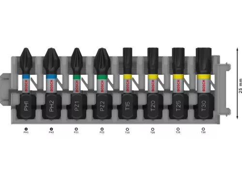 BOSCH PRO Impact bithegy készlet 8 részes 25m (PH1/PH2/PZ1/PZ2/T15/T20/T25/T30) 1/4" Hex