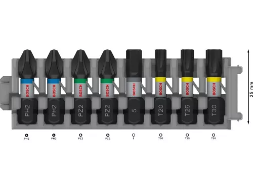 BOSCH PRO Impact bithegy készlet 8 részes 25m (PH2x2 / PZ2x2 / H5/T20/T25/T30x1 db) 1/4" Hex
