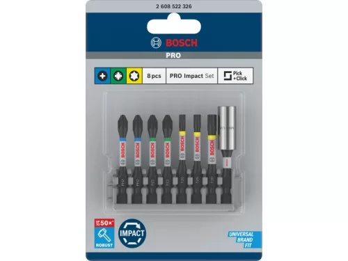 BOSCH PRO Bithegy készlet 8 r. 50 mm + tartó (PH2 x 2, PZ2 x 2, T20, T25, T30) Pick & Click