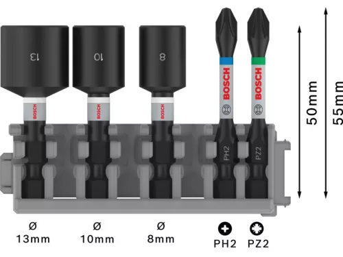 BOSCH PRO Bithegy és csavarbehajtó klt. 5 részes 50 mm (PH2,PZ2 / 8,10,13 mm) Pick & Click