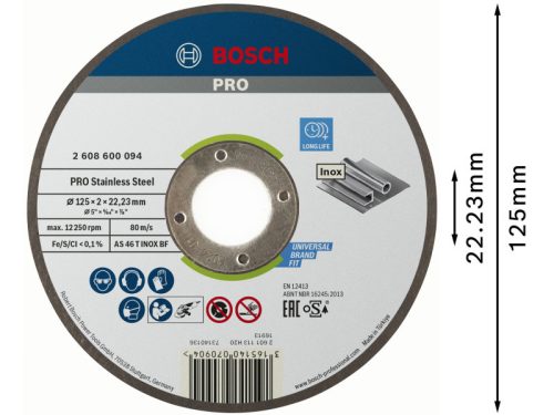 BOSCH PRO Vágókorong inox 125 x 2,0 x 22,2 mm AS 46 T INOX BF (oSa)