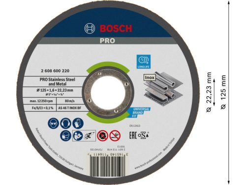BOSCH PRO Vágókorong inox 125 x 1,6 x 22,2 mm AS 46 T INOX BF (oSa)
