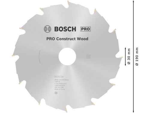 BOSCH PRO Fűrésztárcsa fához 190 x 30 x 2,6 mm / 12T Construct Wood
