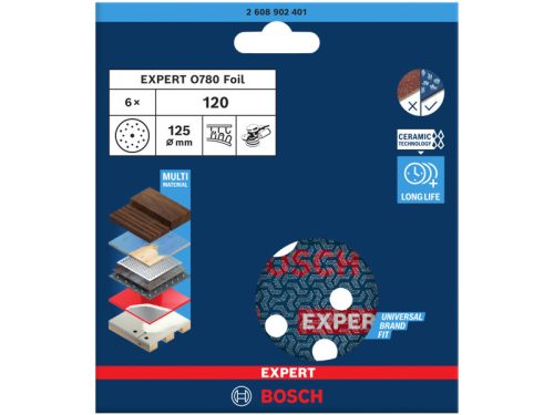 BOSCH EXPERT O780 Foil Tépőzáras csiszolótárcsa 125 mm / P120 kerámiaszemcsés (6 db)
