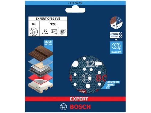 BOSCH EXPERT O780 Foil Tépőzáras csiszolótárcsa 150 mm / P120 kerámiaszemcsés (6 db)