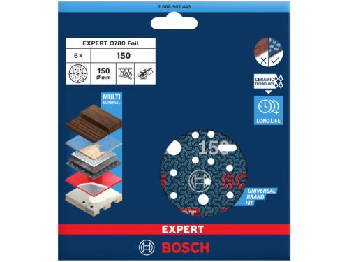 BOSCH EXPERT O780 Foil Tépőzáras csiszolótárcsa 150 mm / P150 kerámiaszemcsés (6 db)