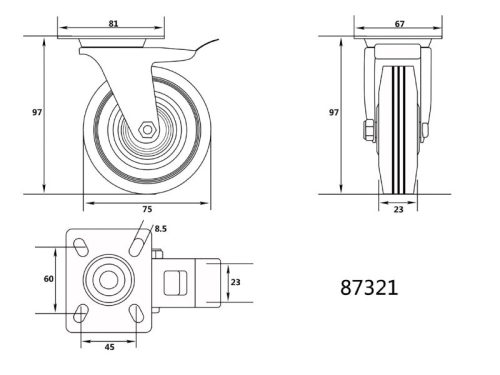 VOREL Ipari kerék forgóvillás fékkel 75 mm 40 kg